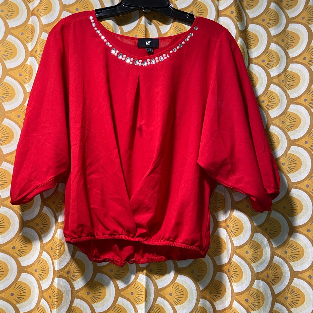 Iz Byer Red blouse with gemstones